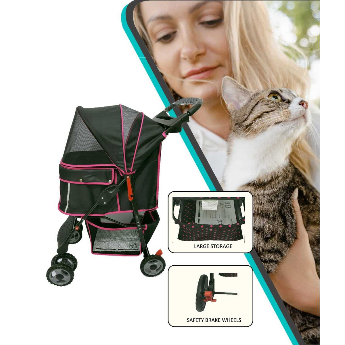 Black Pink Pet Stroller Carrier K364