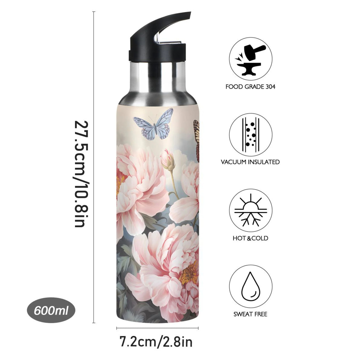 Pink Flowers and Butterflies Stainless Steel Insulated Water Bottle Q1917