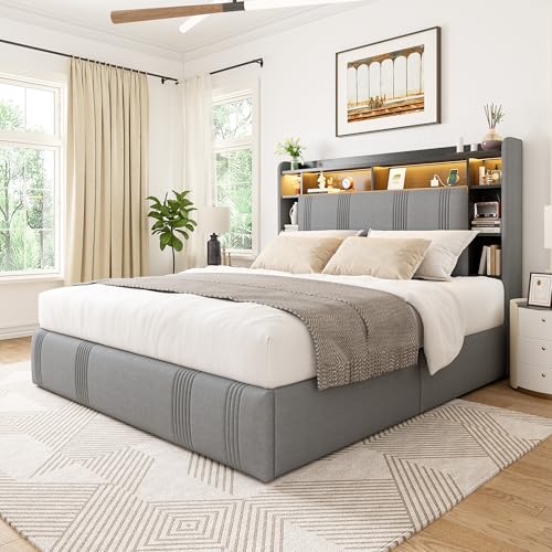 King Size Upholstered Platform Bed Frame with 4 Storage Drawers S4257