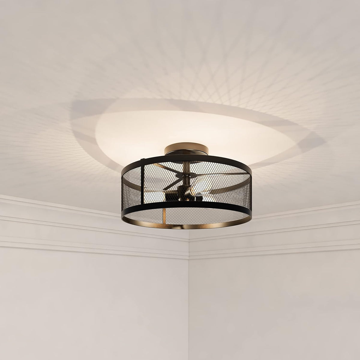Industrial 3-Light Metal Cage Semi Flush Mount Ceiling Light Black Finish V852