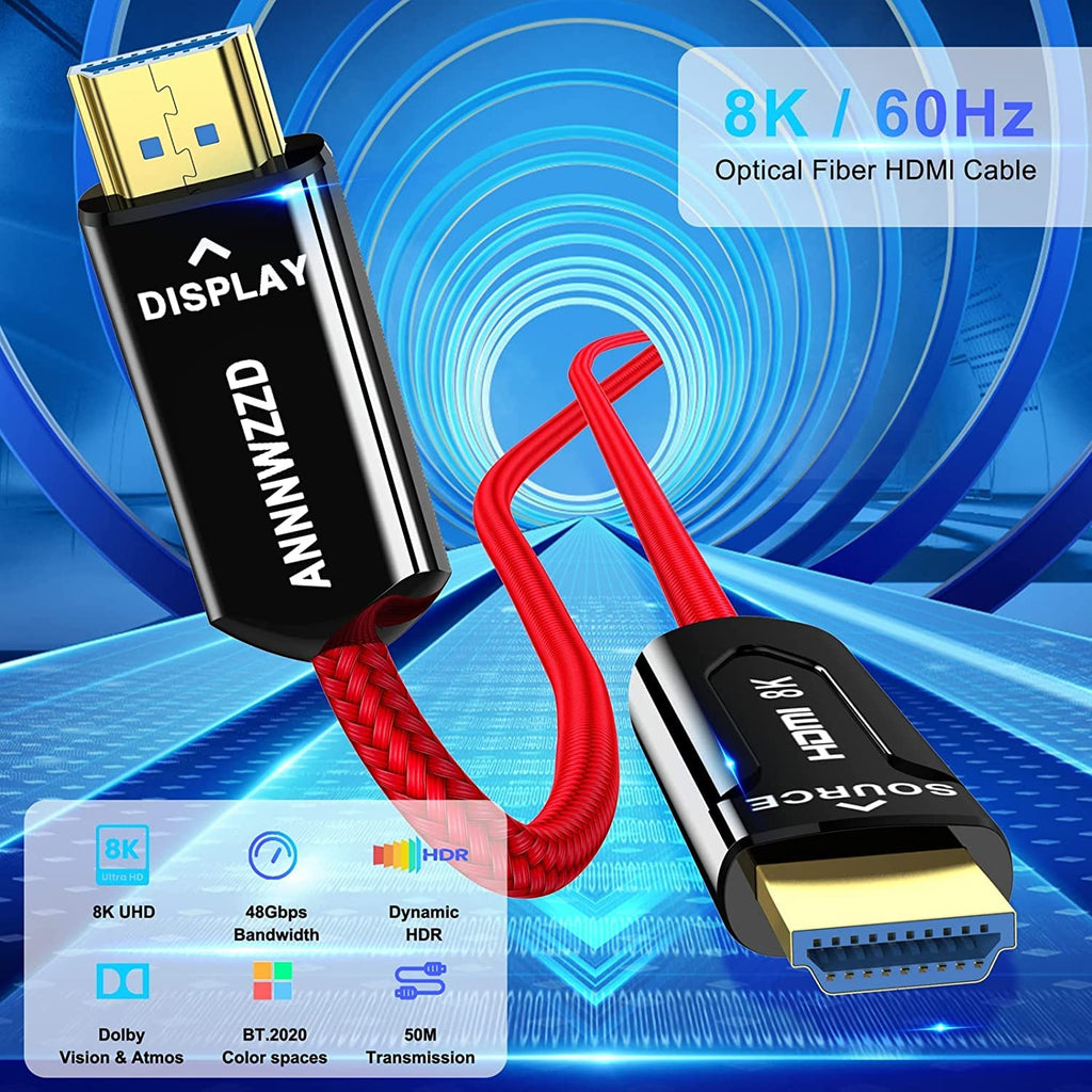 8K HDMI Fiber Optic Cable 164FT 50M Red Braided T73974