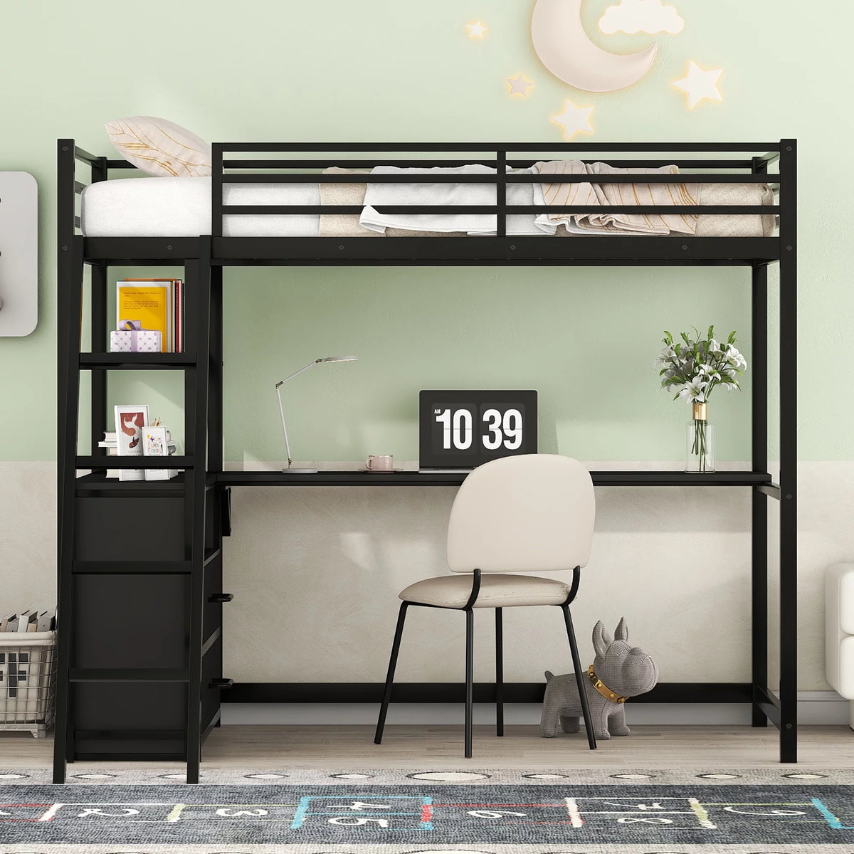 Twin Size Metal Wood Loft Bed with Desk Shelf and Drawers Black S342455
