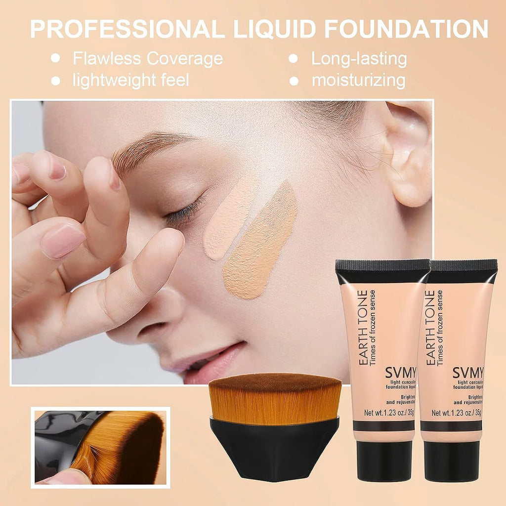 Full Coverage Matte Oil Control Foundation Concealer with Primer and Brush and Sponges A30156