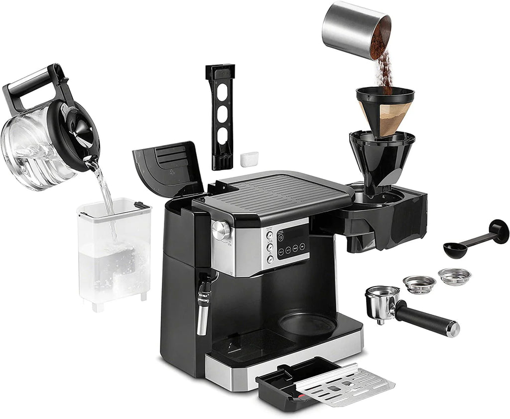 Combination Coffee Maker & Espresso Machine with Milk Frother and Glass Coffee Pot E609428