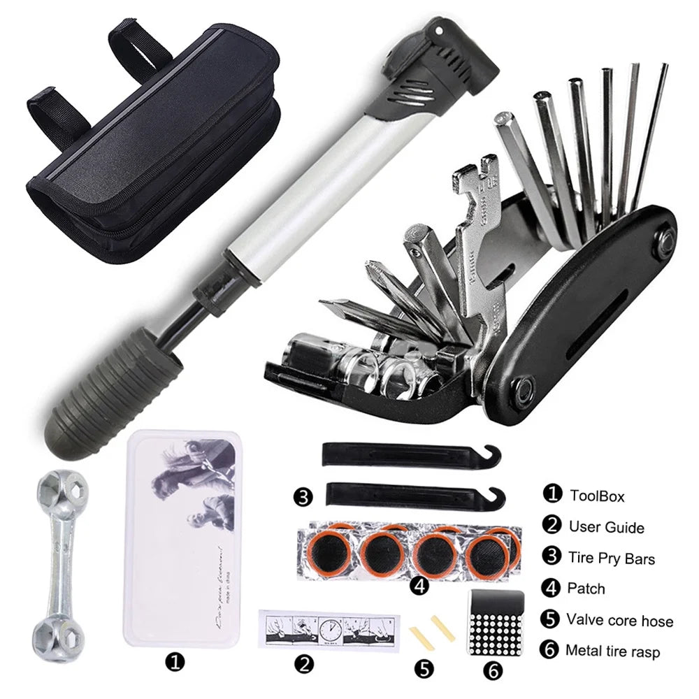 16 in 1 Multi-Function Bicycle Tool Kit with Mini Pump R100529