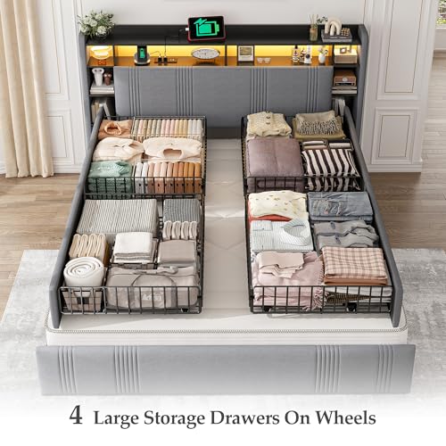 King Size Upholstered Platform Bed Frame with 4 Storage Drawers S4257