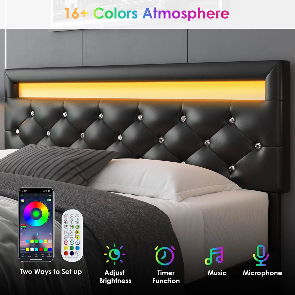 Queen Size LED Upholstered Platform Bed Frame with Adjustable Headboard M521809