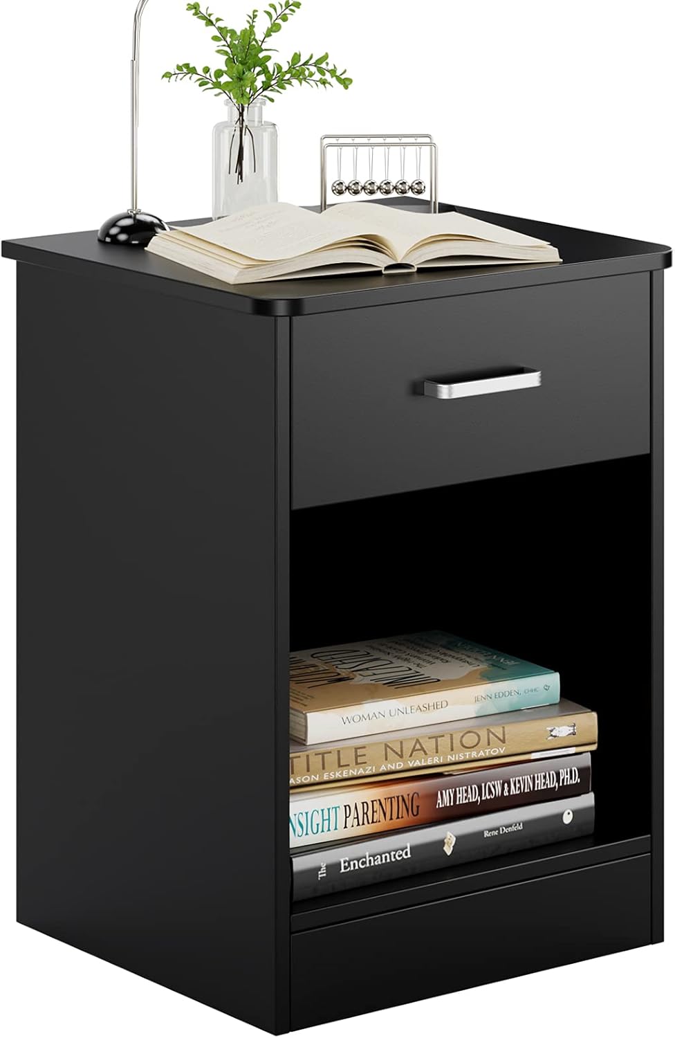 Black 2 Tier Nightstand with Drawer and Storage Cabinet B694