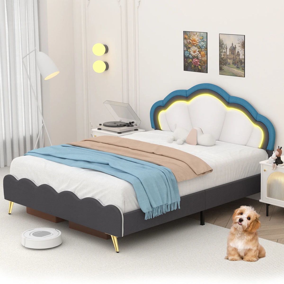 White Velvet Upholstered Twin Size Platform Bed Frame G19276