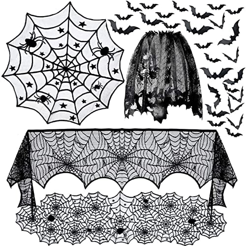 Halloween Decorations Set, Fireplace Mantel Scarf, Spider Table Cover, Lace Table Runner, Cobweb Lampshade, 80 Pcs 3D Bat P56873