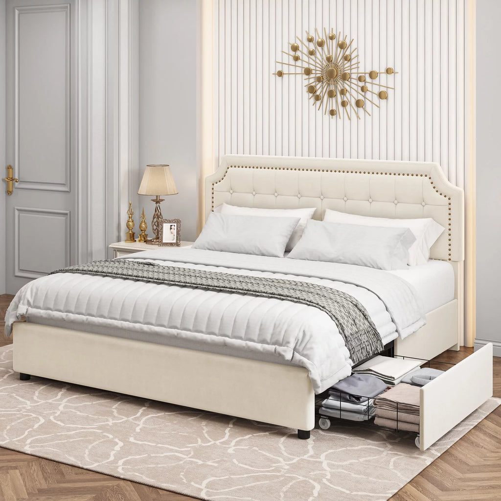 Queen Size 4 Drawer Black PU Leather Platform Bed N3083