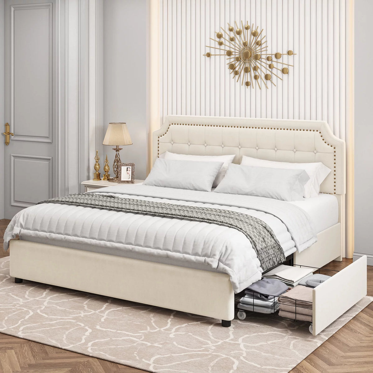 Queen Size 4 Drawer Black PU Leather Platform Bed N3083
