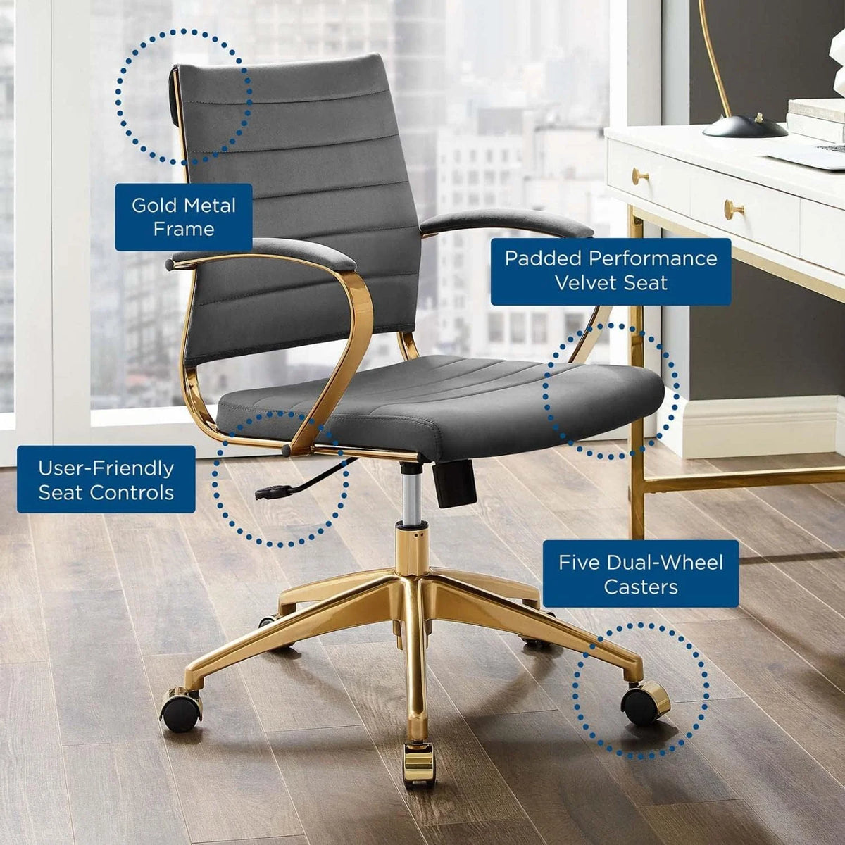 Gray Velvet Swivel Office Chair I287041