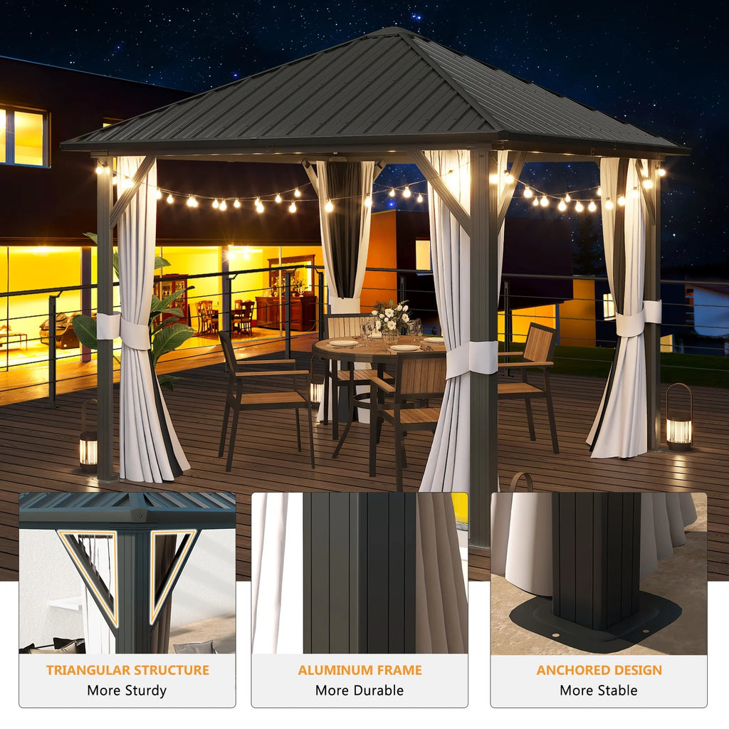 10x 10 Hardtop Gazebo with Netting and Curtain, Gray O34871