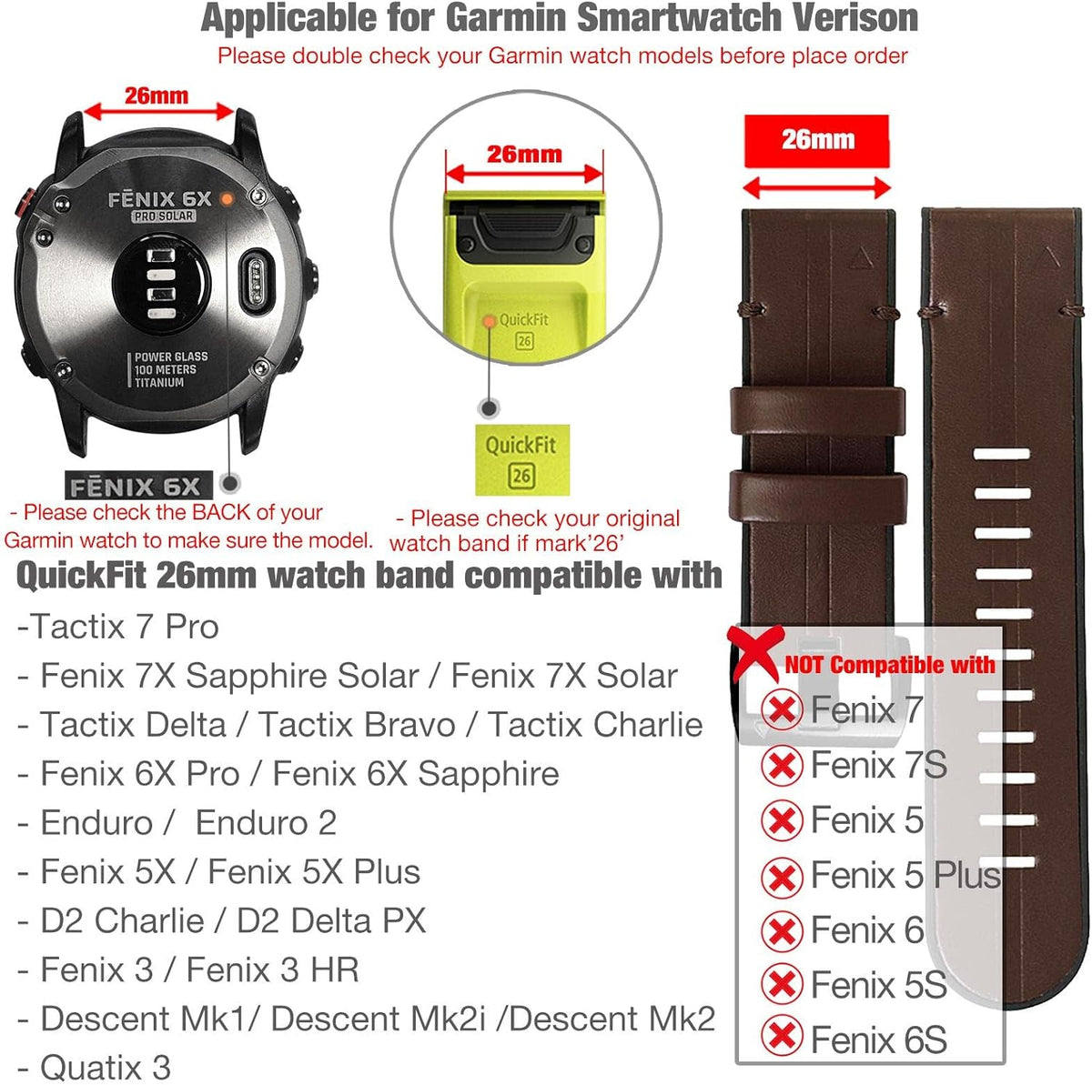 26mm Genuine Leather Hybrid Silicone Watch Band F554
