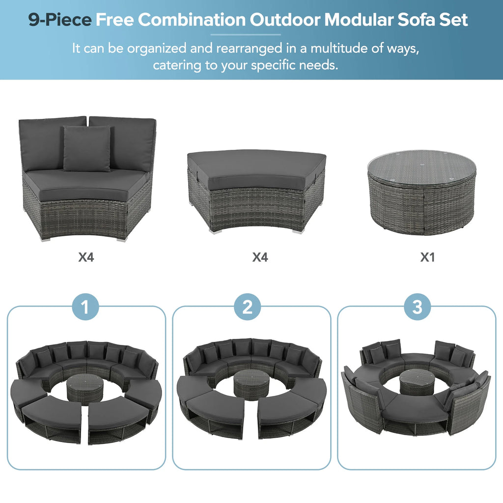 9-Piece Rattan Wicker Sectional Sofa Set with Cushions Q92442
