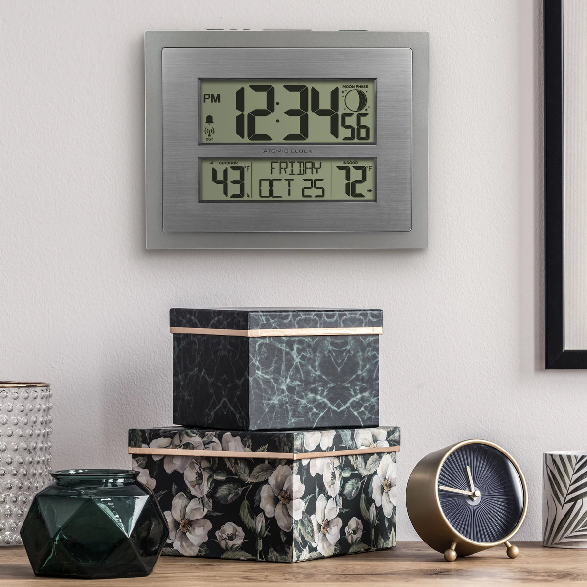 Silver Atomic Wall Clock with Moon Phase and Calendar W9390