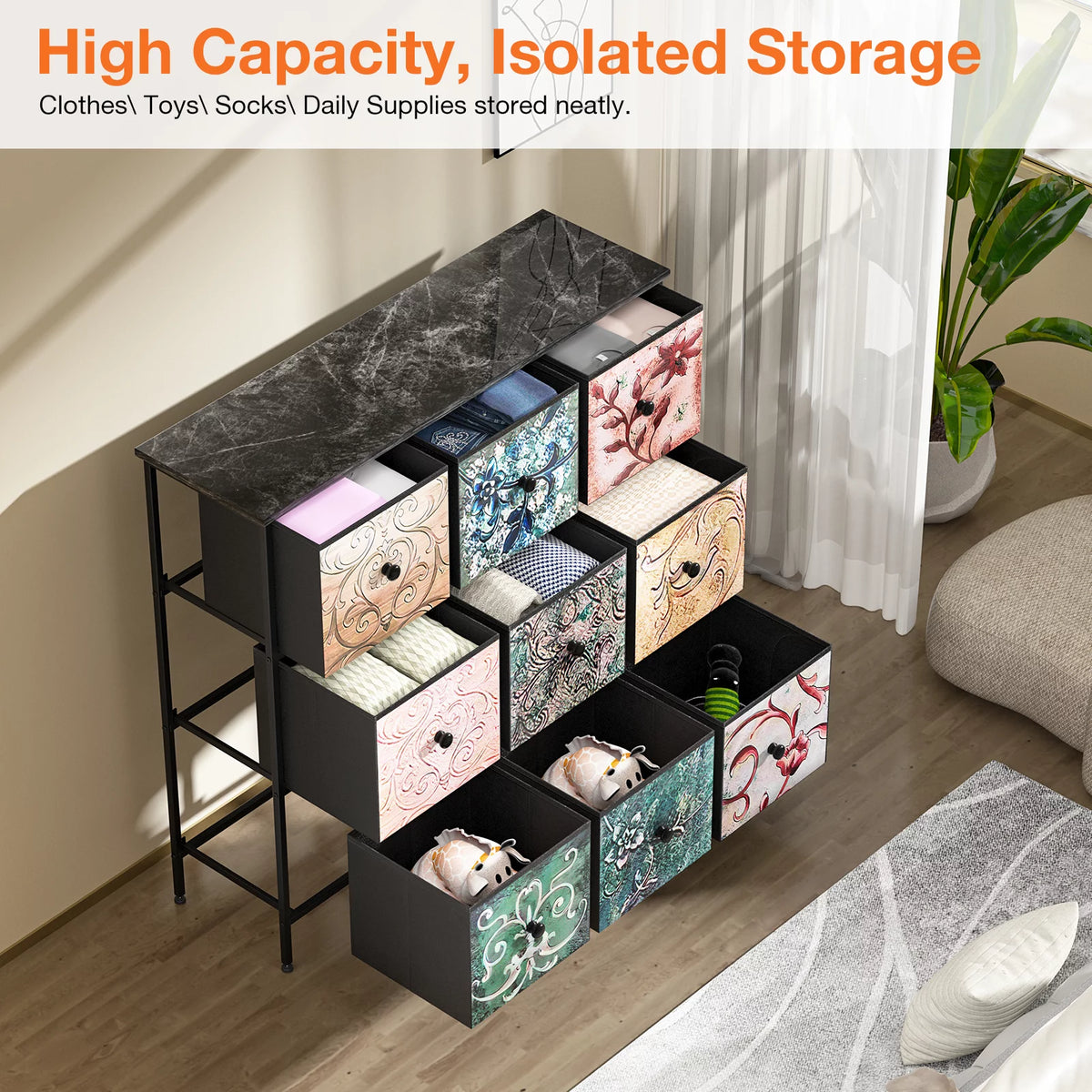 Black 9 Drawer Dresser with Steel Frame and Wood Top Z989
