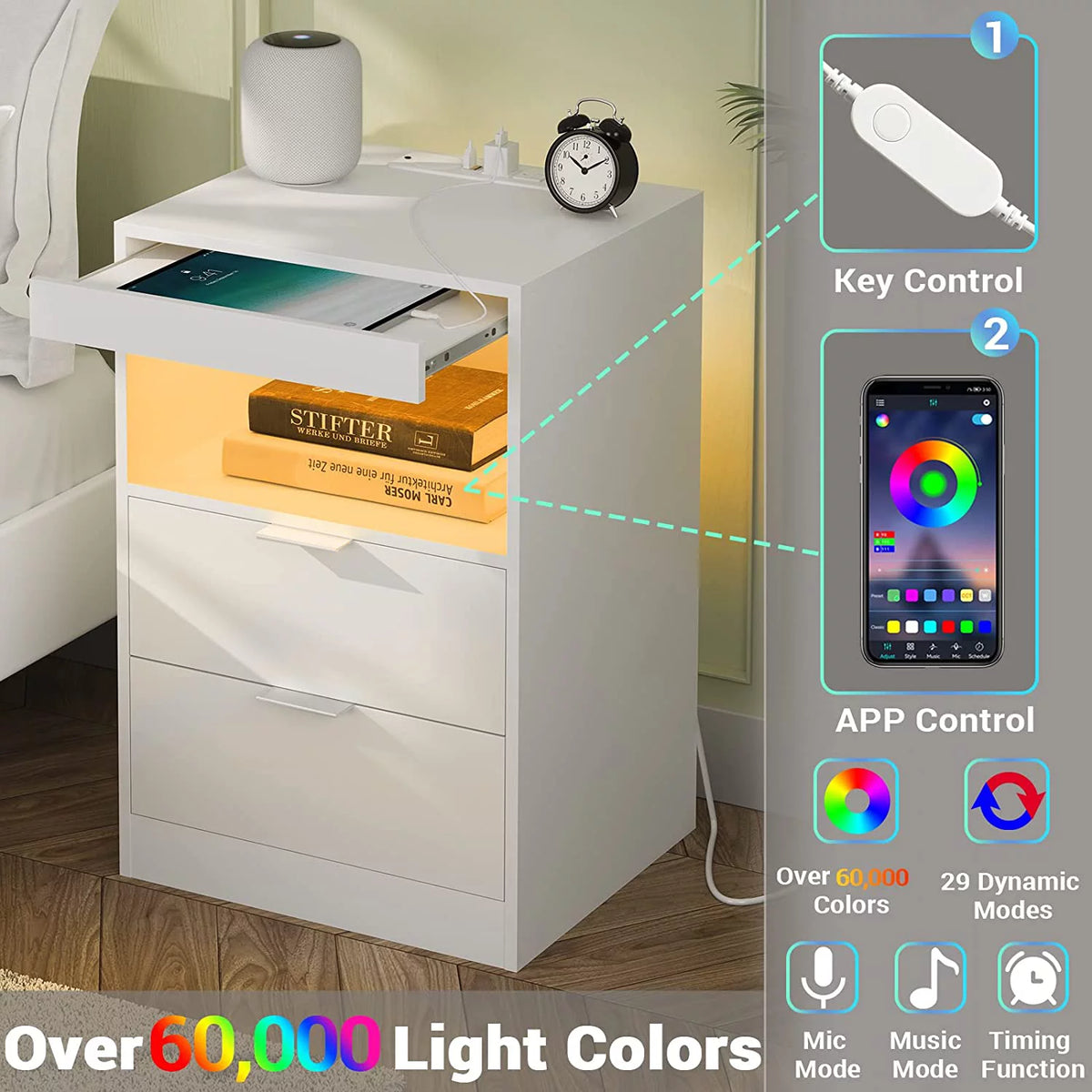 Set of 2 Black LED Nightstand with Wireless Charging Station & 2 Drawers J474