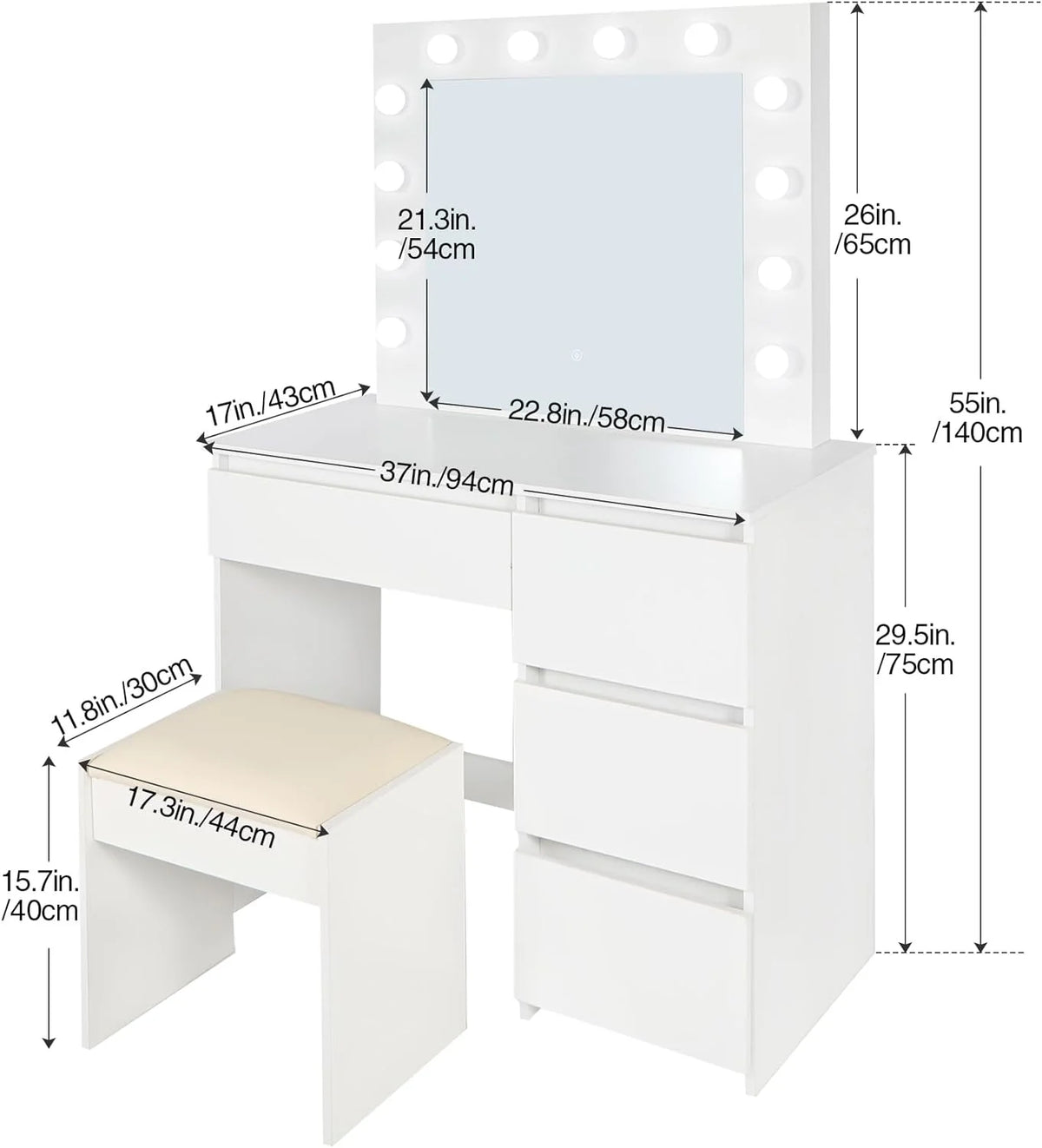 White Makeup Vanity Set with Lights, 4 Drawers and Cushioned Stool W704953