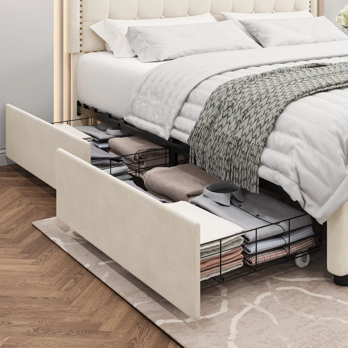 Queen Size 4 Drawer Black PU Leather Platform Bed N3083
