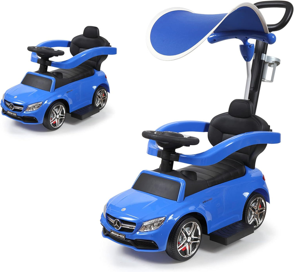 Blue Push Car for Toddlers with Horn Music, Safety Bar, Sun Canopy, Cup Holder S12792