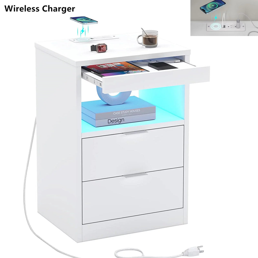 Set of 2 Black LED Nightstand with Wireless Charging Station & 2 Drawers J474