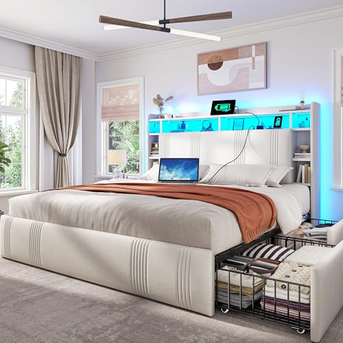 King Size Upholstered Platform Bed Frame with 4 Storage Drawers S4257