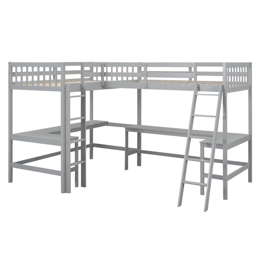Twin Size L-Shaped Loft Bed with Desk, Ladder and Guardrails D820