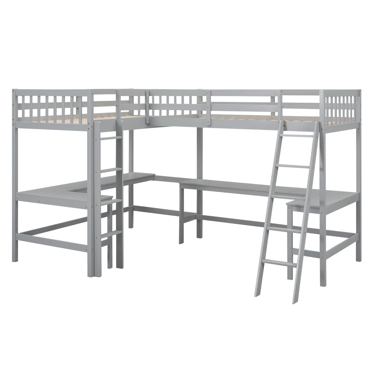 Twin Size L-Shaped Loft Bed with Desk, Ladder and Guardrails D820