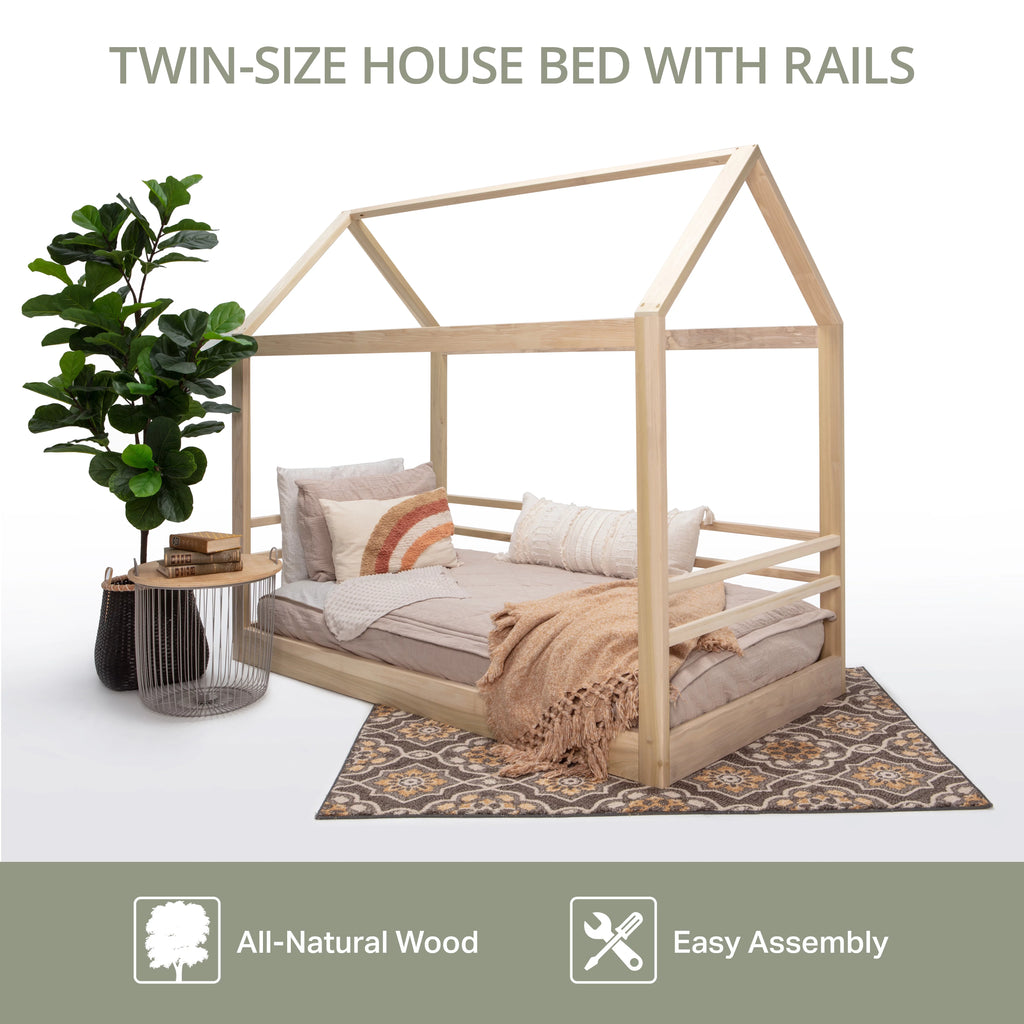 Natural Twin Size House Bed on Raised Platform with Side Rails S6744