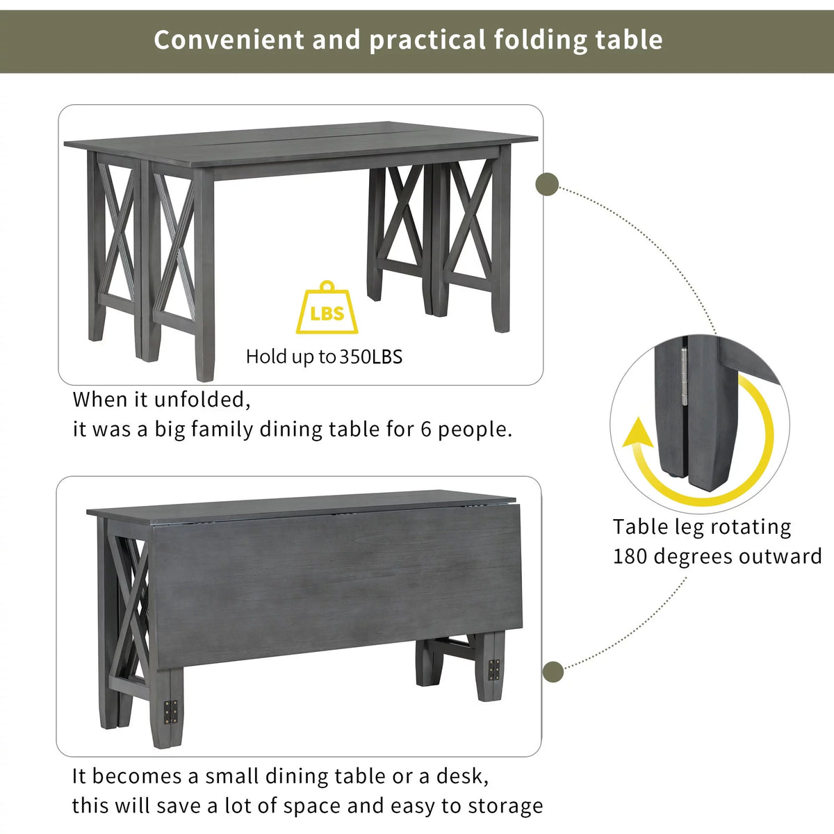 Gray Foldable Dining Table Set for 6 W5565