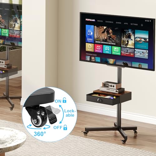 Rolling TV Stand with Power Outlet, Adjustable Height Mobile TV Cart with Wheels B98963