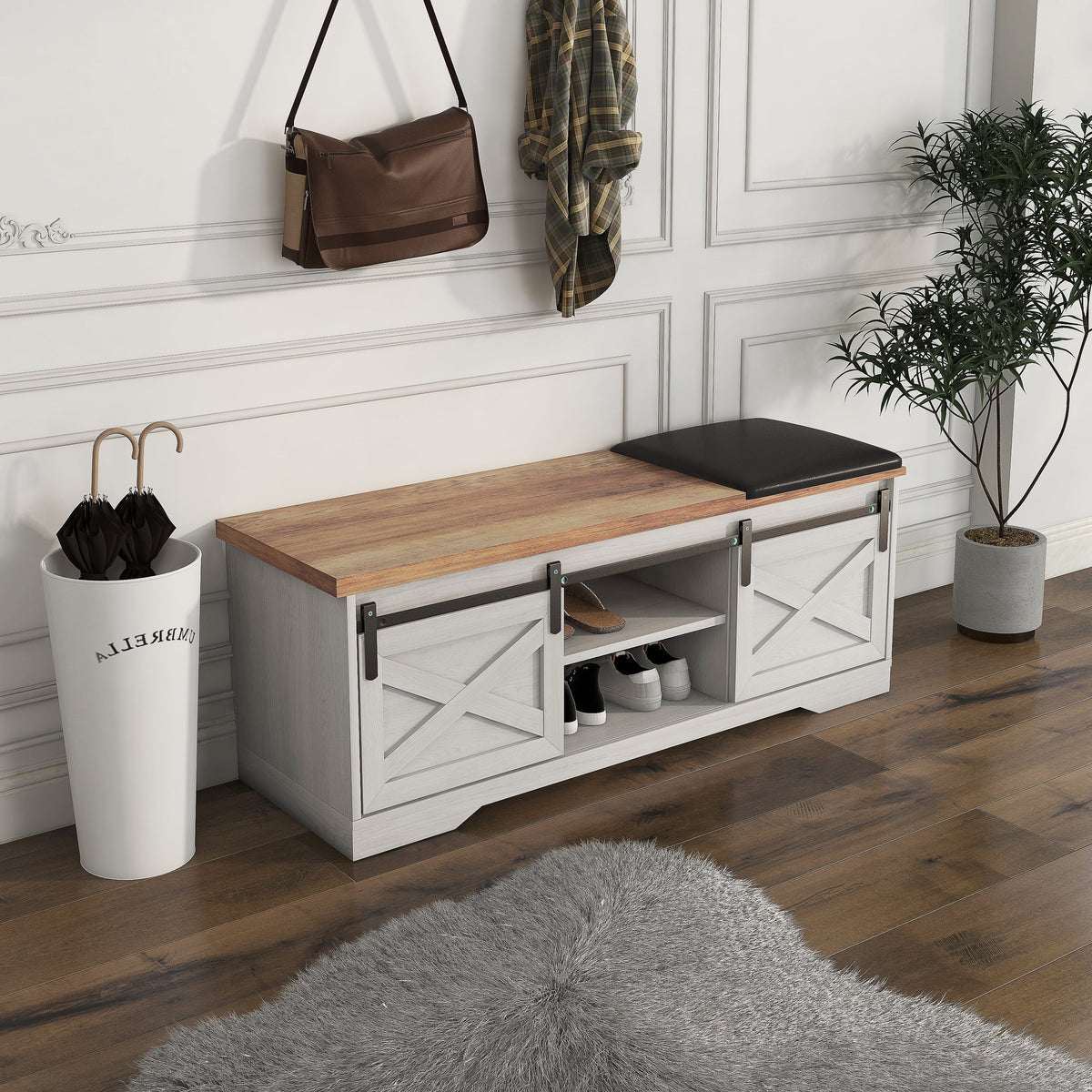 White 47-inch Shoe Storage Bench with Sliding Barn Door W34982