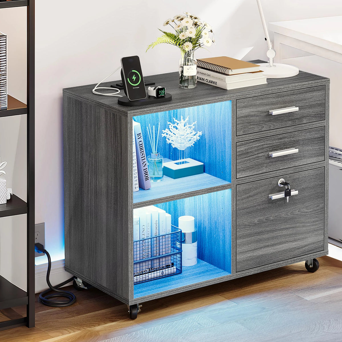 3 Drawer File Cabinet with Charging Station Lock LED Light Black J807372
