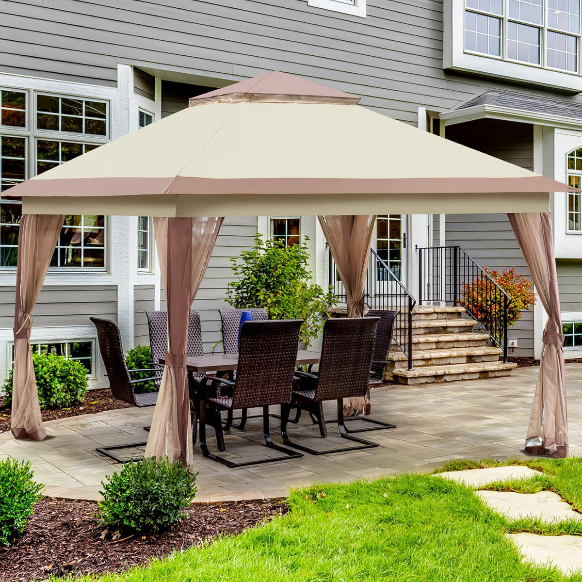 11’ X 11’ Pop Up Canopy Tent with Mosquito Netting, Beige I75952