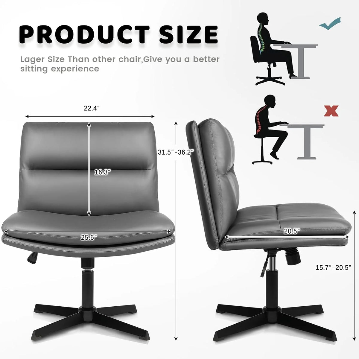 Grey PU Leather Armless Swivel Desk Chair H5728