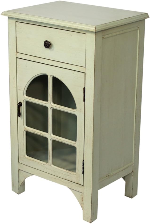 Light Gray Single Drawer Distressed Cabinet with Cathedral Glass Window Inserts N490137