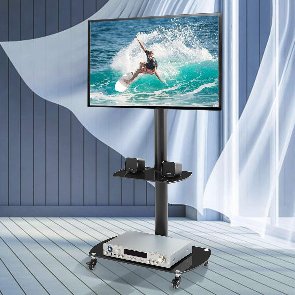 Mobile TV Cart with Wheels for 32-65 Inch, Height and Angle Adjustable Tempered Glass Metal Frame C506233