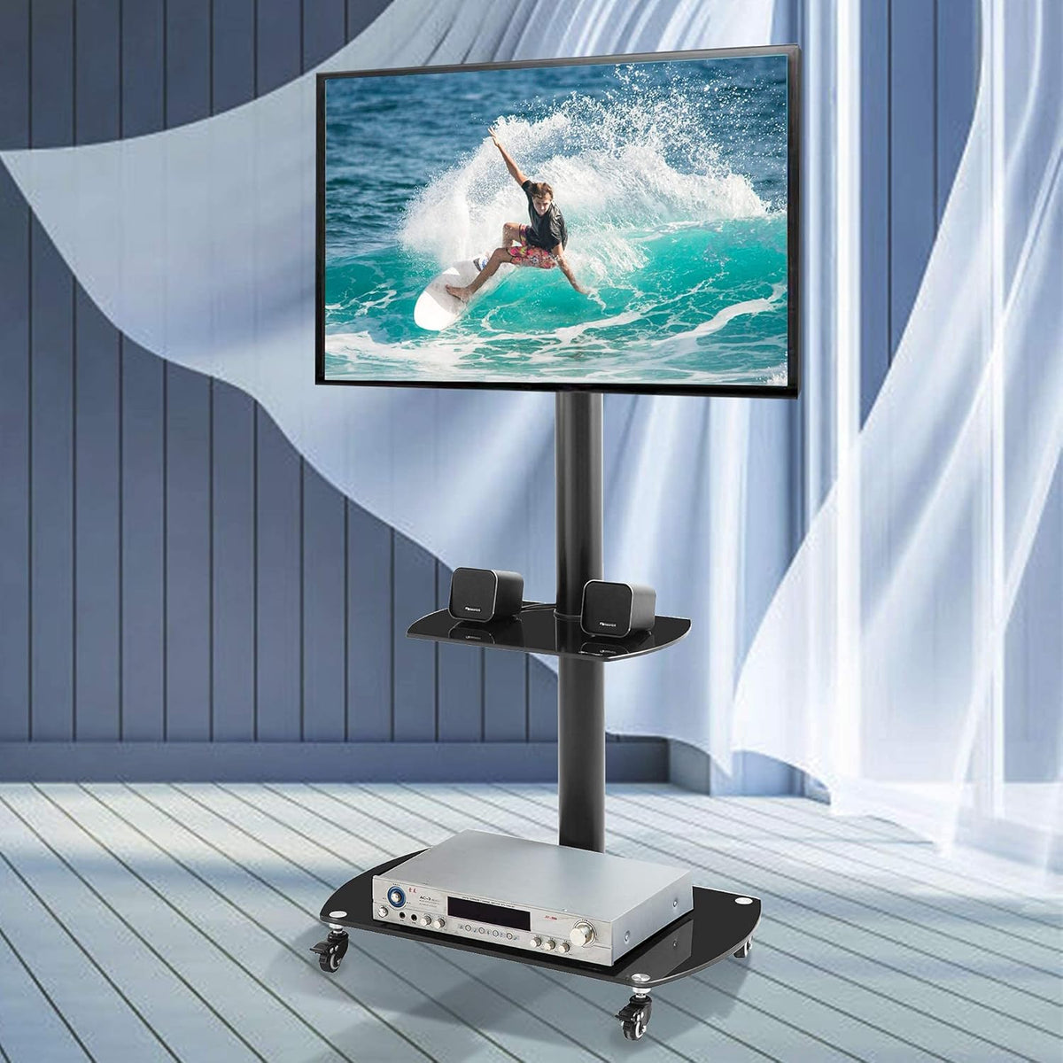 Mobile TV Cart with Wheels for 32-65 Inch, Height and Angle Adjustable Tempered Glass Metal Frame C506233
