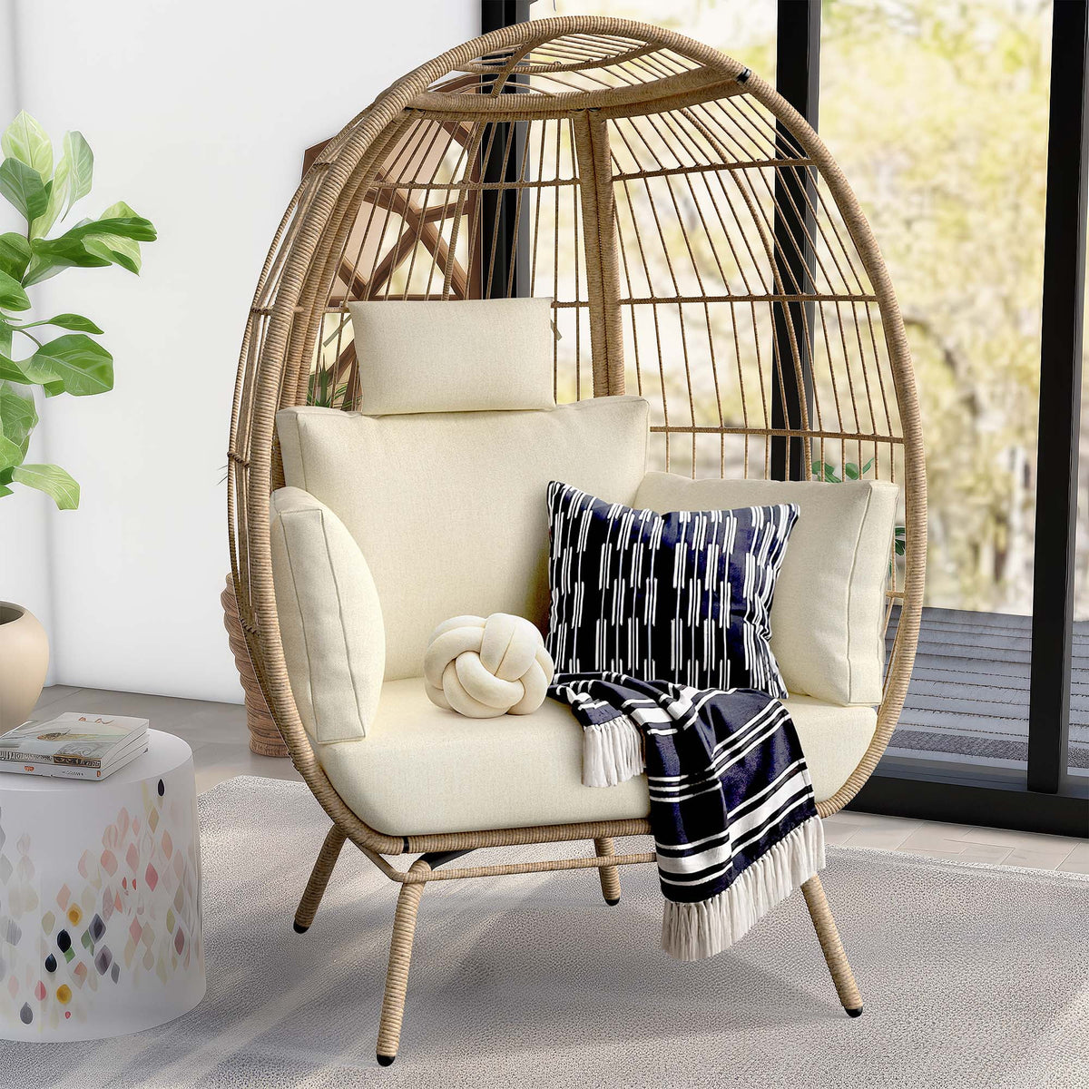 Oversized Wicker Egg Chair with Stand and Beige Cushions R229