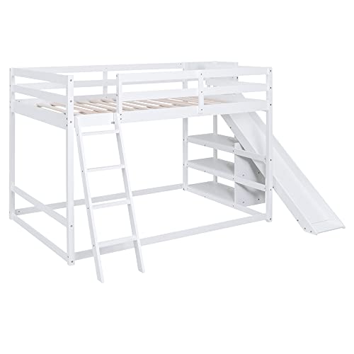 Modern Grey Wood Bunk Bed with Slide and Storage Shelves N894