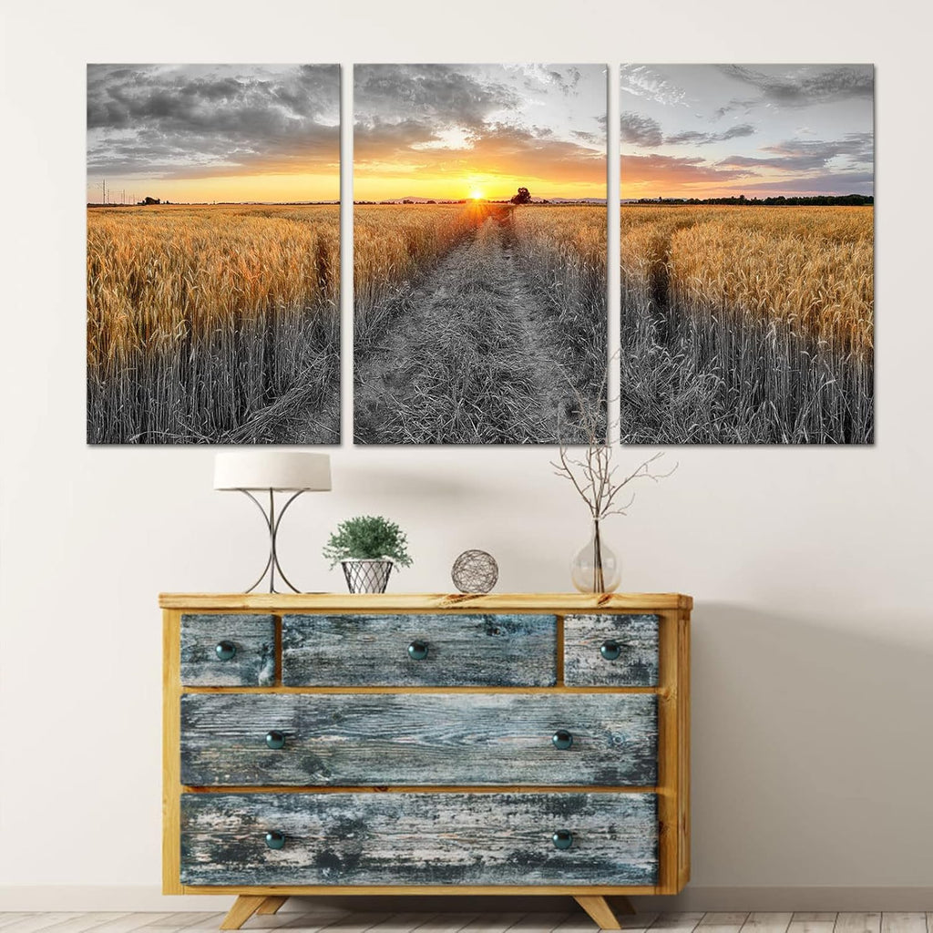 3 Pieces Golden Wheat Field Texas Sunset Canvas Wall Art Z414