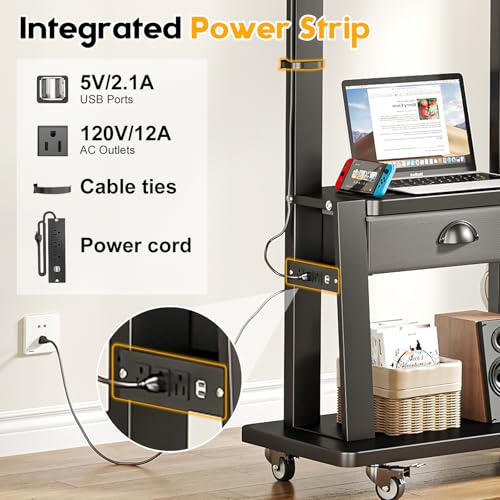 Rolling TV Stand with Power Outlet, Adjustable Height Mobile TV Cart with Wheels B98963