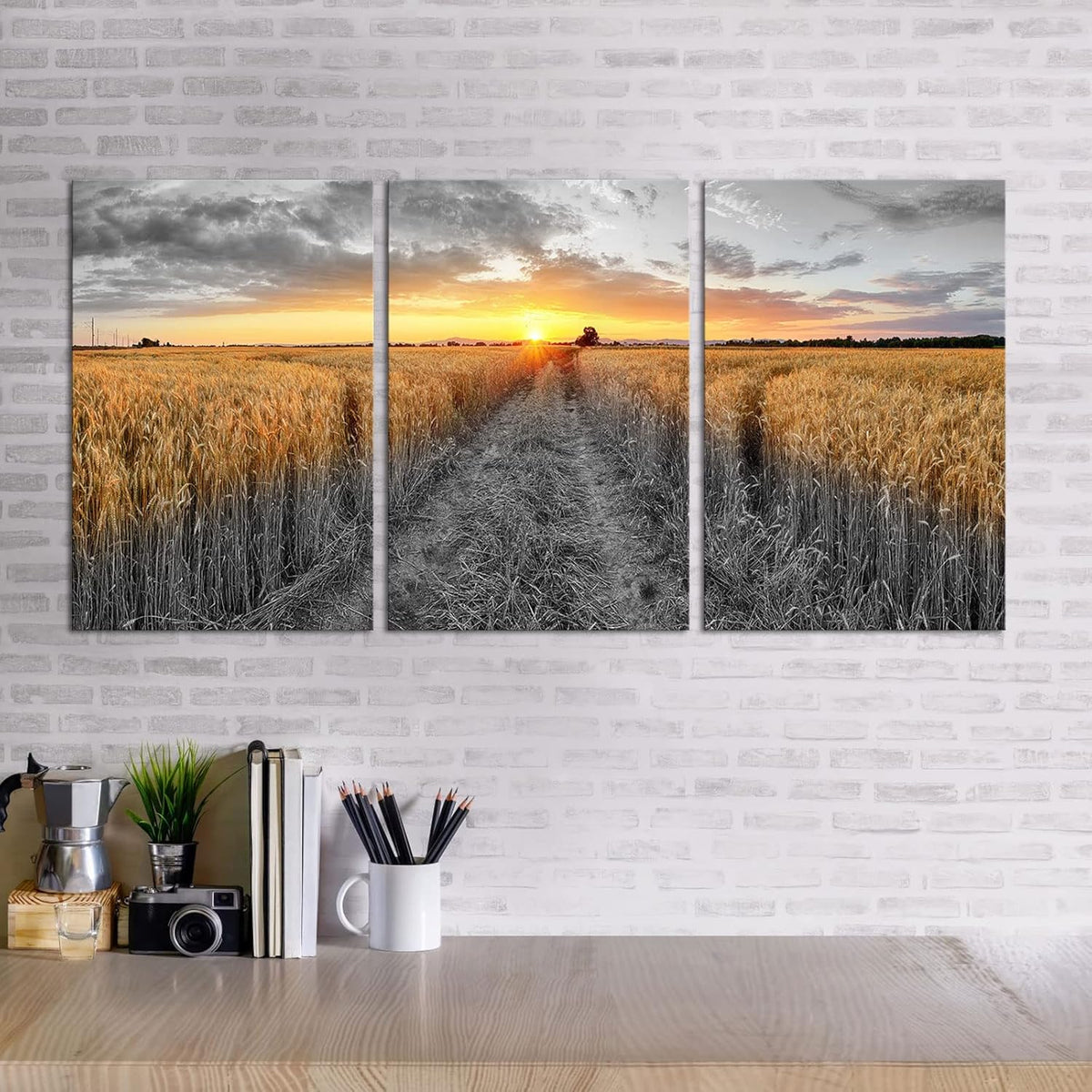 3 Pieces Golden Wheat Field Texas Sunset Canvas Wall Art Z414