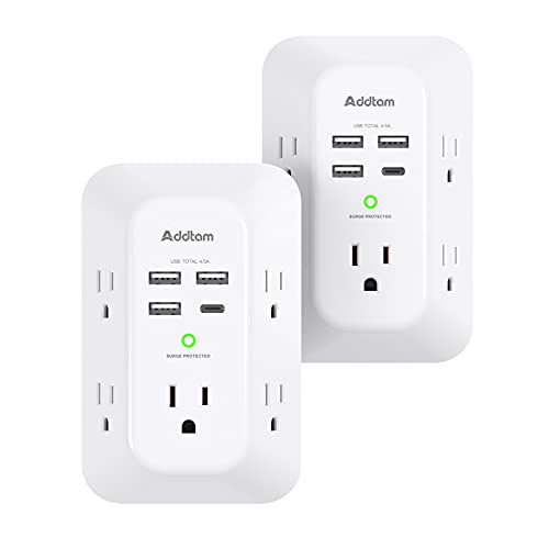 2 Pack USB Wall Charger Surge Protector, 5 Outlet Extender with 4 USB Charging Ports (1 USB C Outlet) 3 Sided 1800J Power Strip O151471