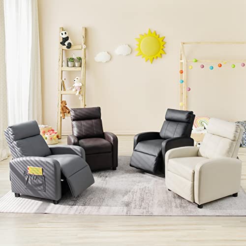Adjustable PU Leather Kids Recliner with Side Pockets (Beige) E386784
