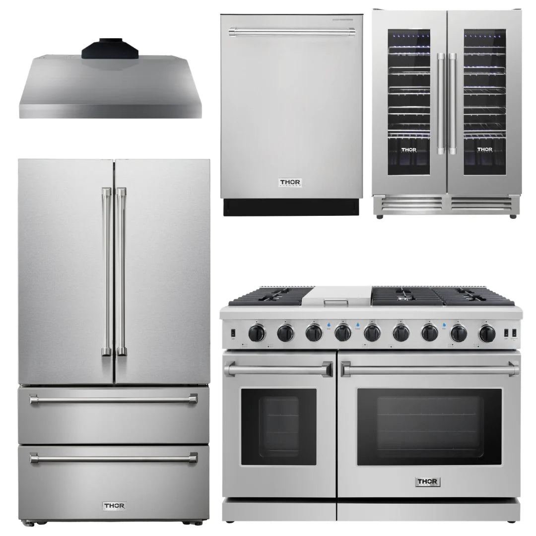 48 In. Natural Gas Range, Range Hood, Refrigerator, Dishwasher, Wine Cooler R603468