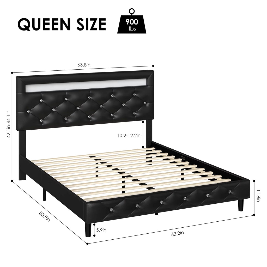 Queen Size LED Upholstered Platform Bed Frame with Adjustable Headboard M521809