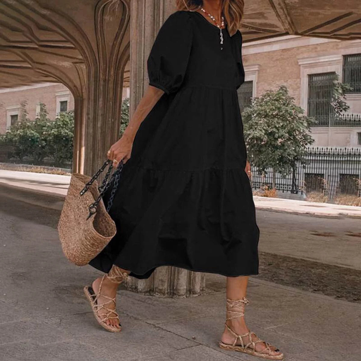 Summer Casual Boho Dress Short Sleeve High Waist Midi Z916